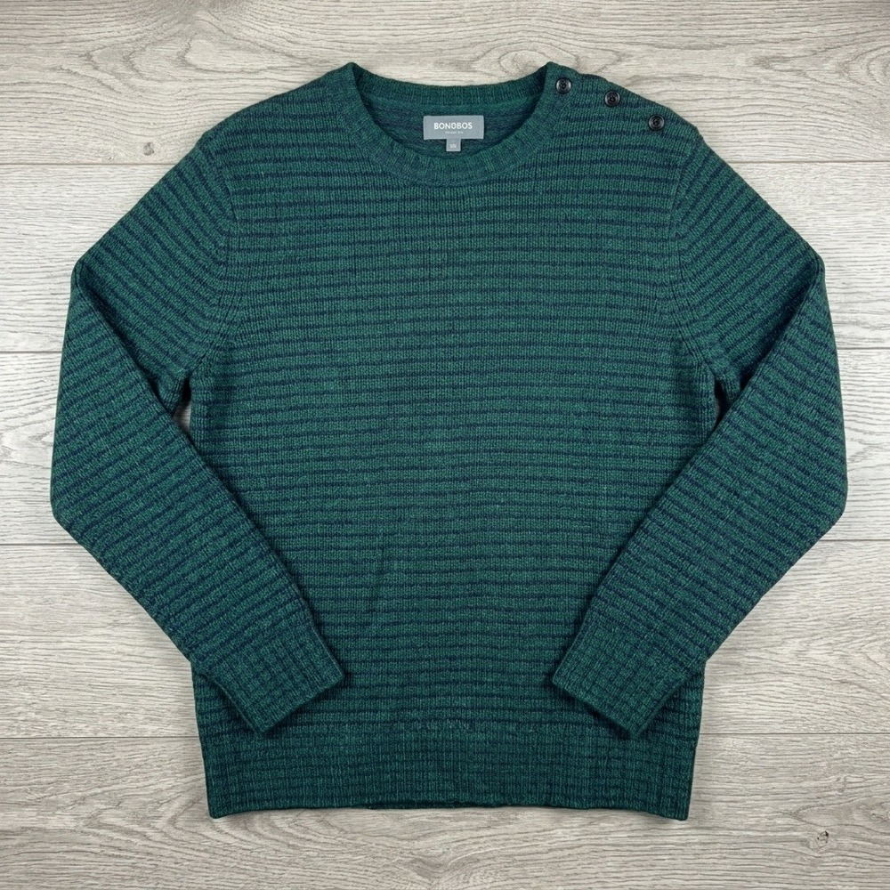 Bonobos Shetland Wool Sweater Mens Medium Slim Green Navy Stripe Dark Heritage